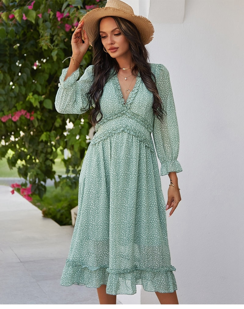 Boho Midi Dress, Ruffle Lillian Mint Green