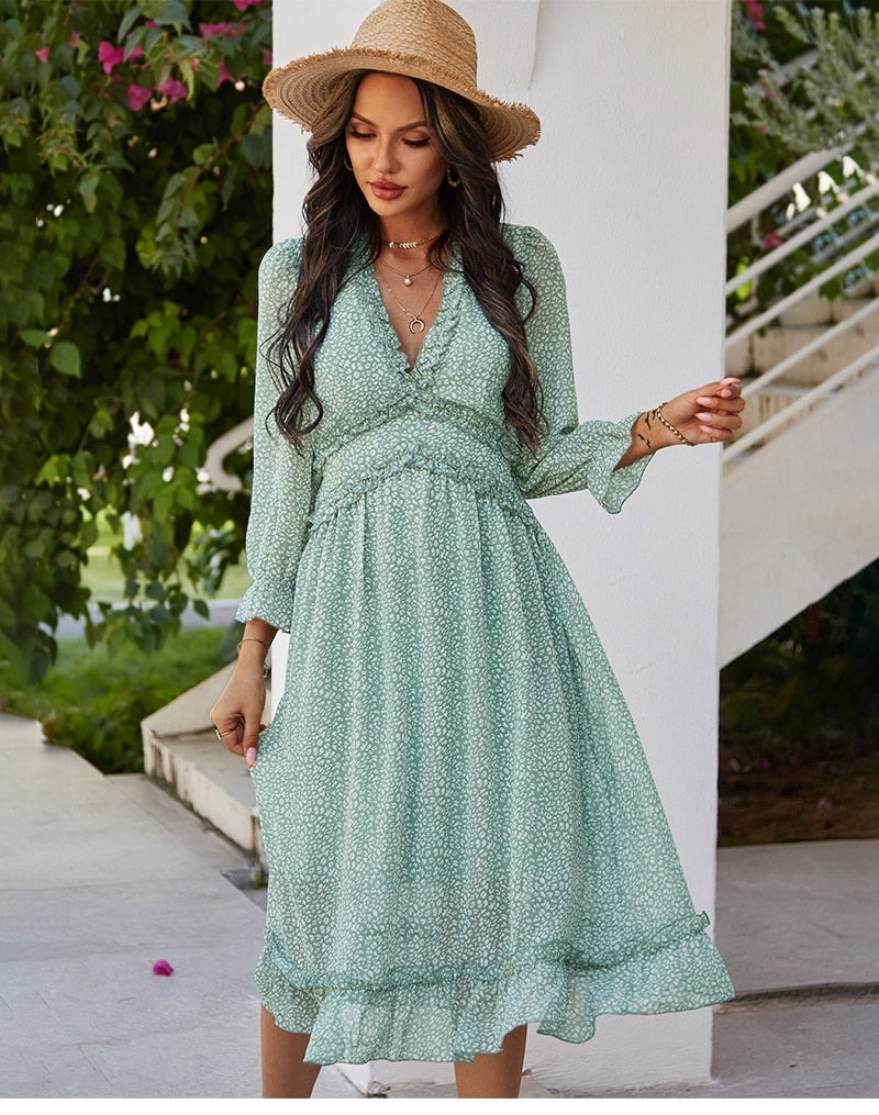 Boho Midi Dress, Ruffle Lillian Mint Green