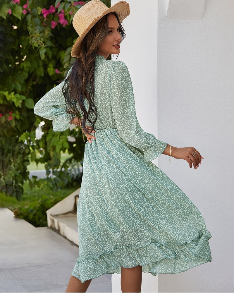 Boho Midi Dress, Ruffle Lillian Mint Green