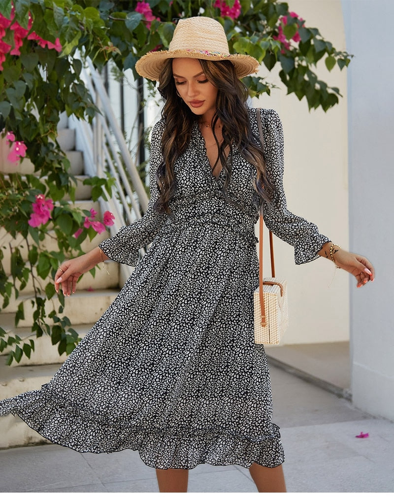 Boho Midi Dress, Ruffle Lillian Black