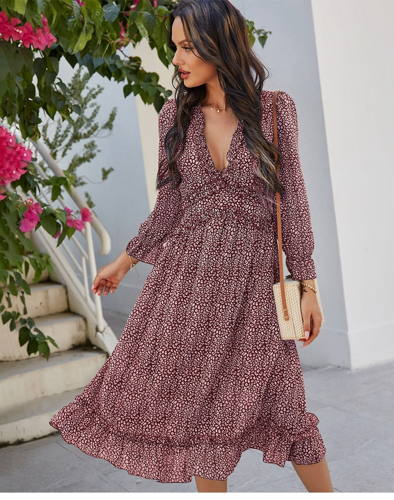 Boho Midi Dress, Ruffle Lillian Red