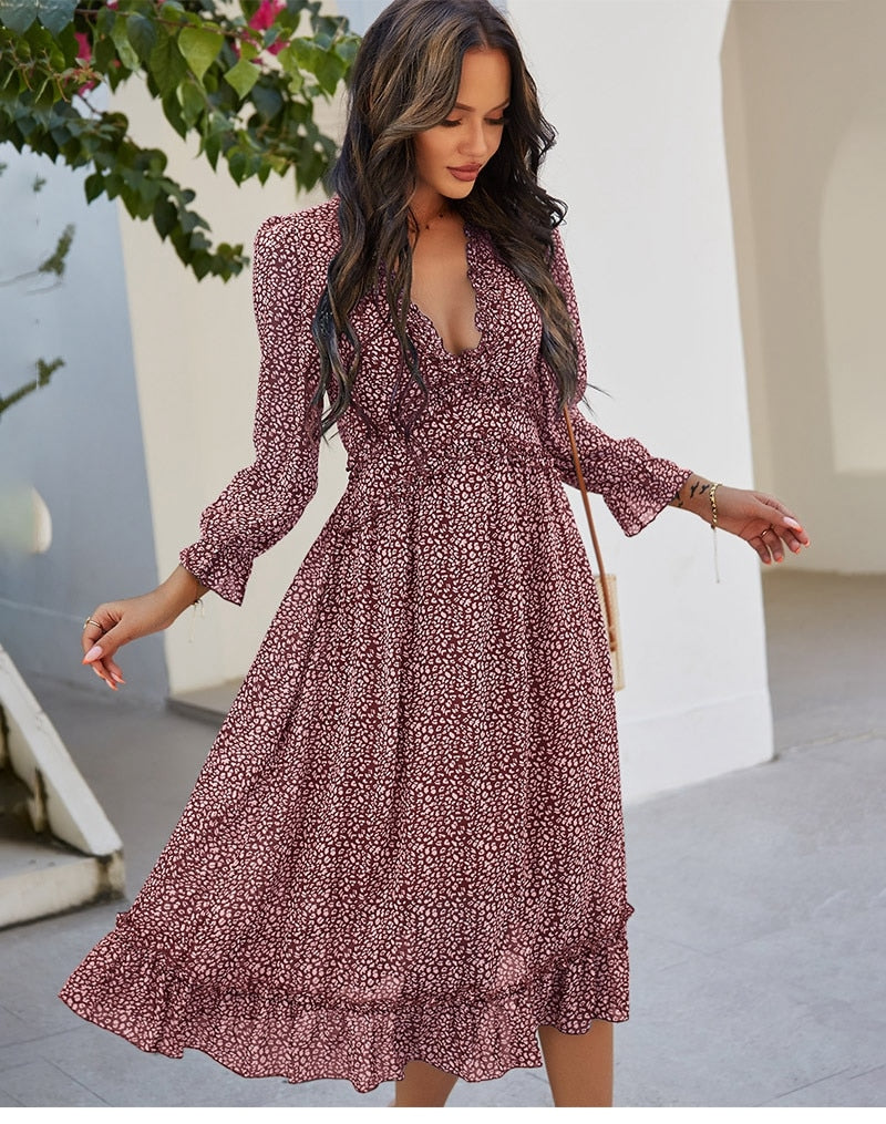 Boho Midi Dress, Ruffle Lillian Red