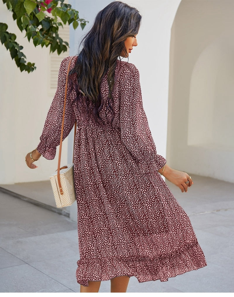 Boho Midi Dress, Ruffle Lillian Red