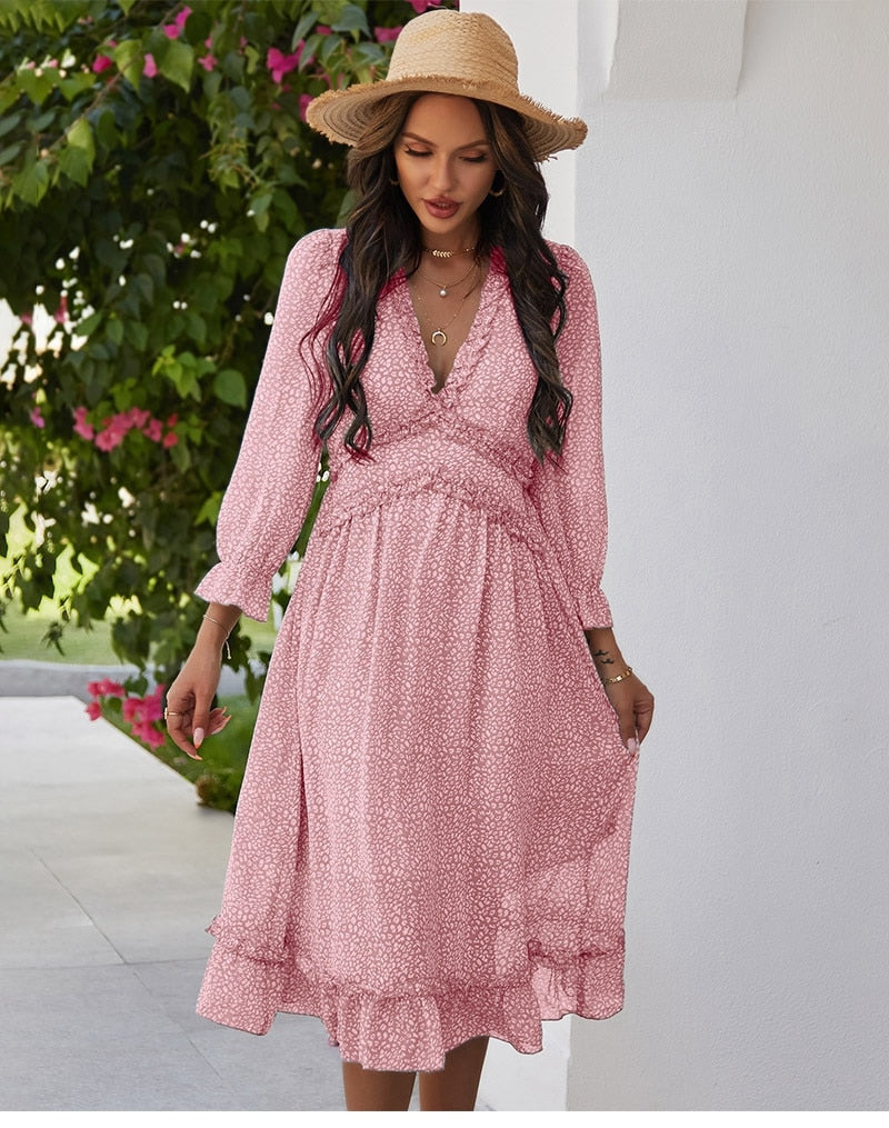 Boho Midi Dress, Ruffle Lillian Sweet Pink