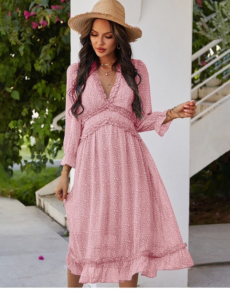 Boho Midi Dress, Ruffle Lillian Sweet Pink