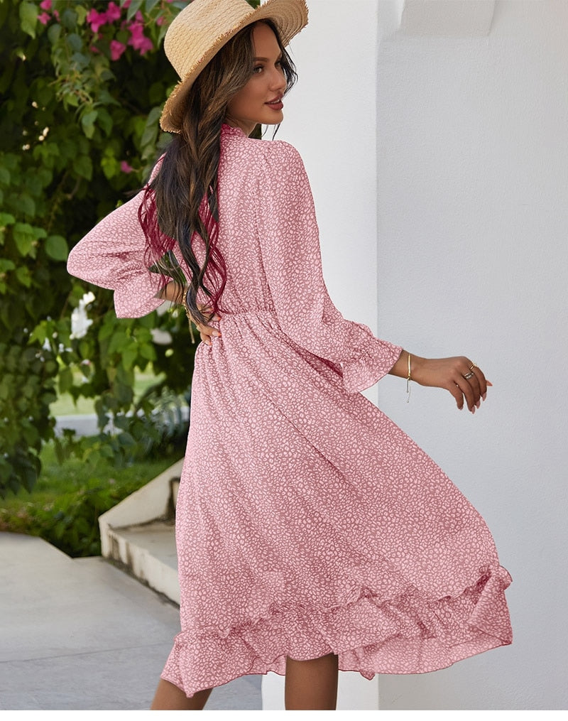 Boho Midi Dress, Ruffle Lillian Sweet Pink