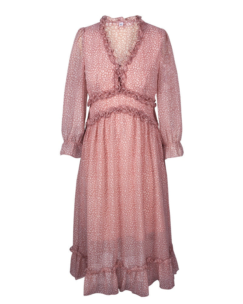 Boho Midi Dress, Ruffle Lillian Sweet Pink