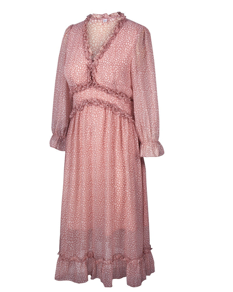 Boho Midi Dress, Ruffle Lillian Sweet Pink