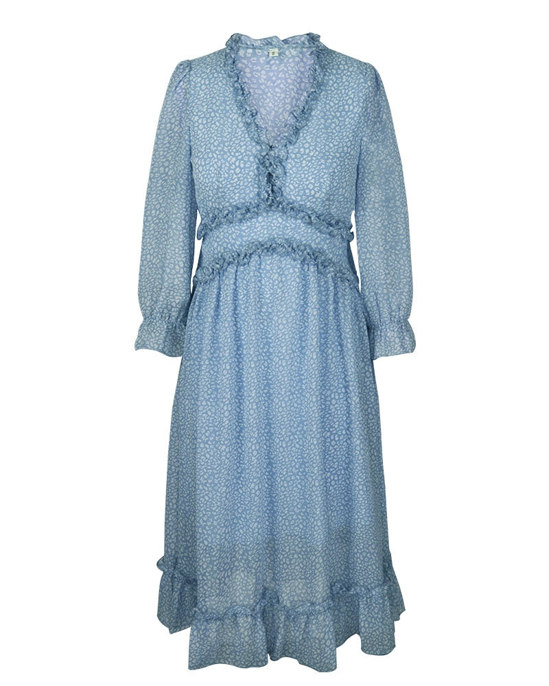 Boho Midi Dress, Ruffle Lillian Blue