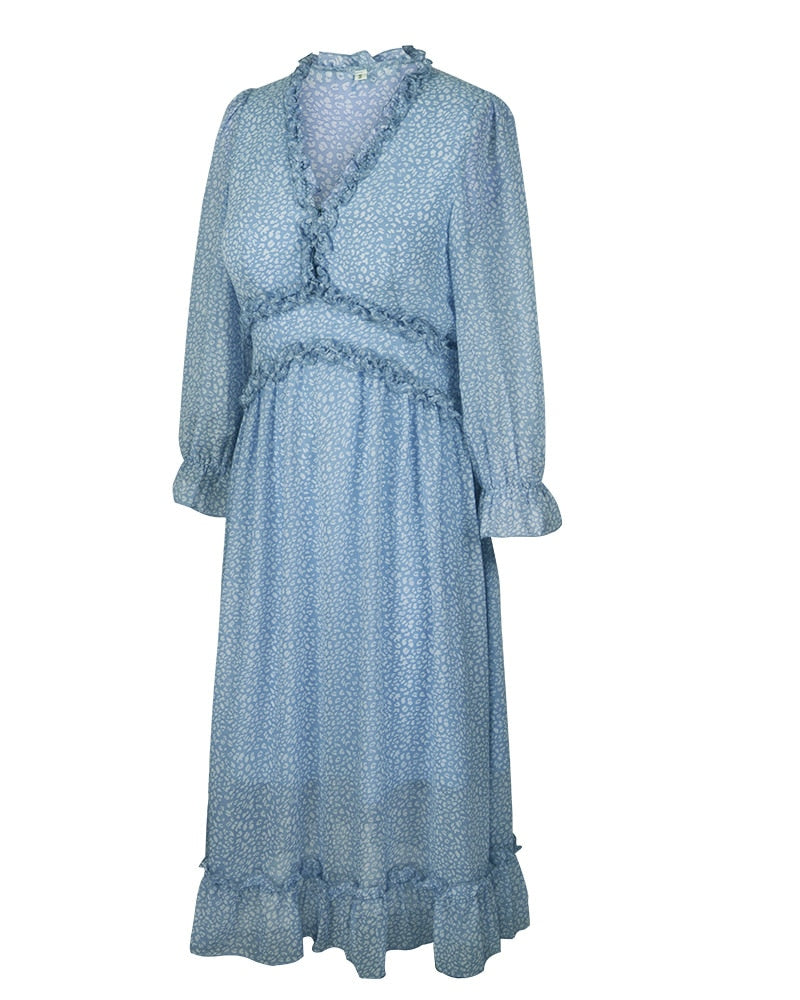 Boho Midi Dress, Ruffle Lillian Blue