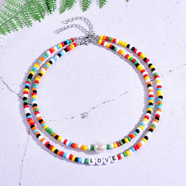 Boho Personalized Custom Necklace, Beads 2 Layered Choker, Pearl Rich Love Lucky Happy