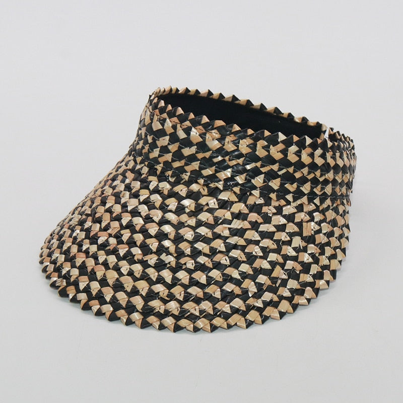Boho Hat, Sun Hat, Beach Hat, Shade Visor Beige Straw Cap, Two-tone Black Coffee