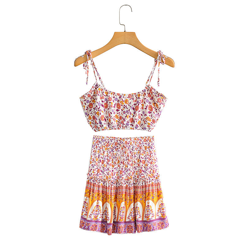 Boho Two Piece Set, Crop Top and Skirt, Pink Little Flower