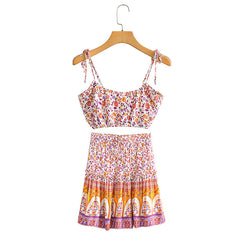 Boho Two Piece Set, Crop Top and Skirt, Pink Little Flower