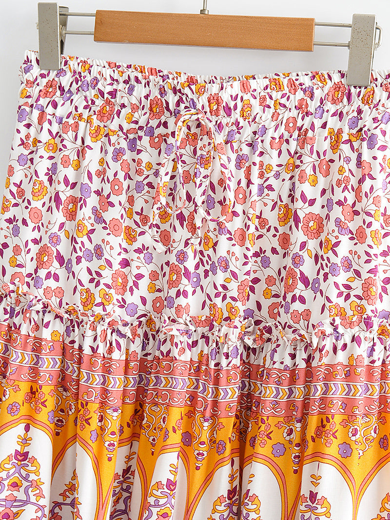 Boho Two Piece Set, Crop Top and Skirt, Pink Little Flower