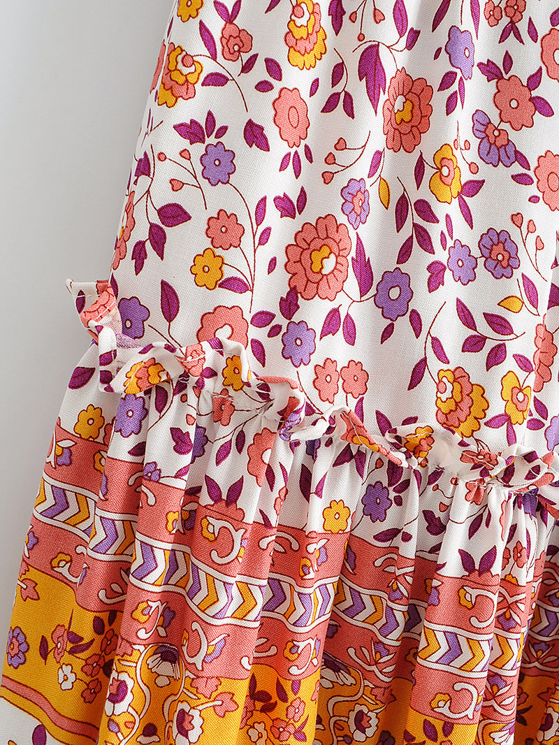 Boho Two Piece Set, Crop Top and Skirt, Pink Little Flower