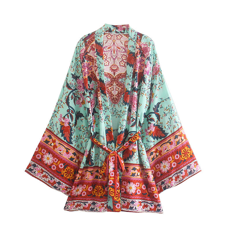 Boho Robe, Kimono Robe,  Beach Cover up, Short Robe, Green Red Amary