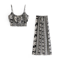 Boho Two Piece Set, Crop Top and  Palazzo Pant, Black Elephant