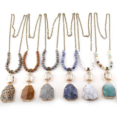 Boho Necklace, RH Antique Brass Green Amazonite Stone Glass