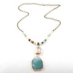 Boho Necklace, RH Antique Brass Green Amazonite Stone Glass