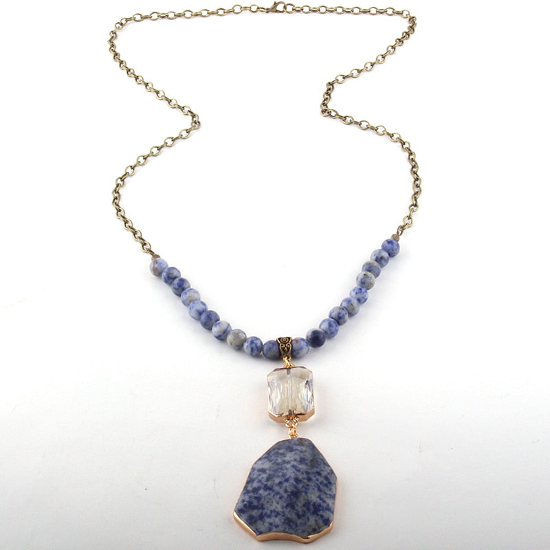 Boho Necklace, RH Antique Brass Green Amazonite Stone Glass