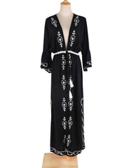Boho Robe, Beach Cover up, Beach Robe, BLack Embroidery Flower