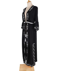 Boho Robe, Beach Cover up, Beach Robe, BLack Embroidery Flower