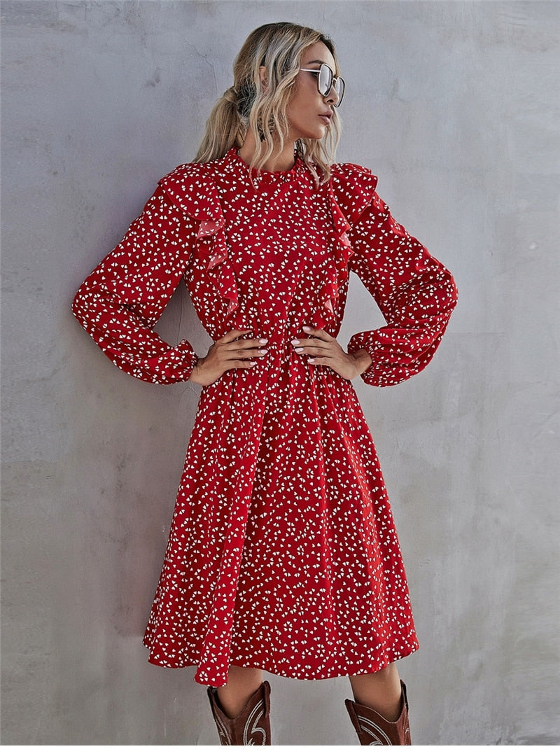 Boho Midi Dress, Ruffle Polkadot in Red Mini Heart