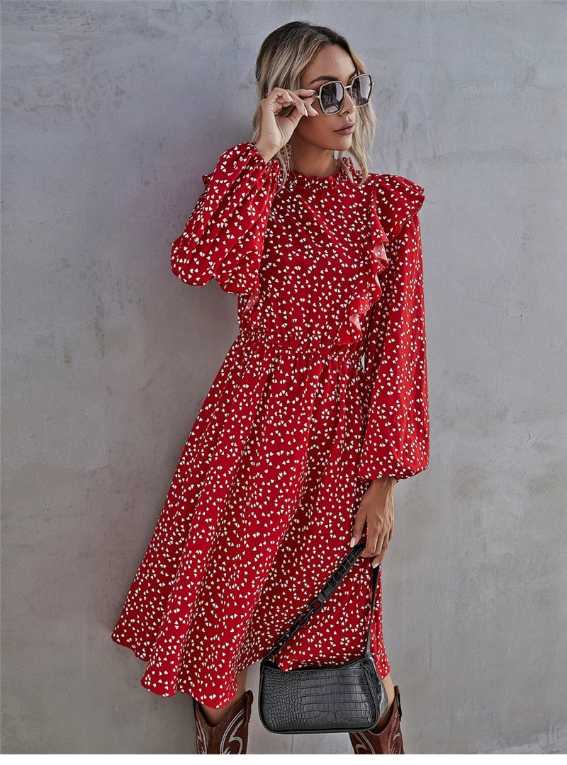 Boho Midi Dress, Ruffle Polkadot in Red Mini Heart