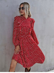 Boho Midi Dress, Ruffle Polkadot in Red Mini Heart