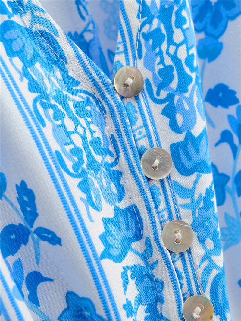Boho Maxi Dress, Sundress, White Blue Celeste