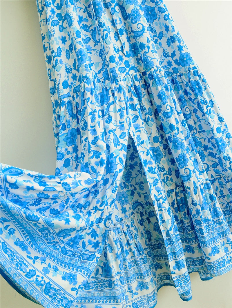 Boho Maxi Dress, Sundress, White Blue Celeste