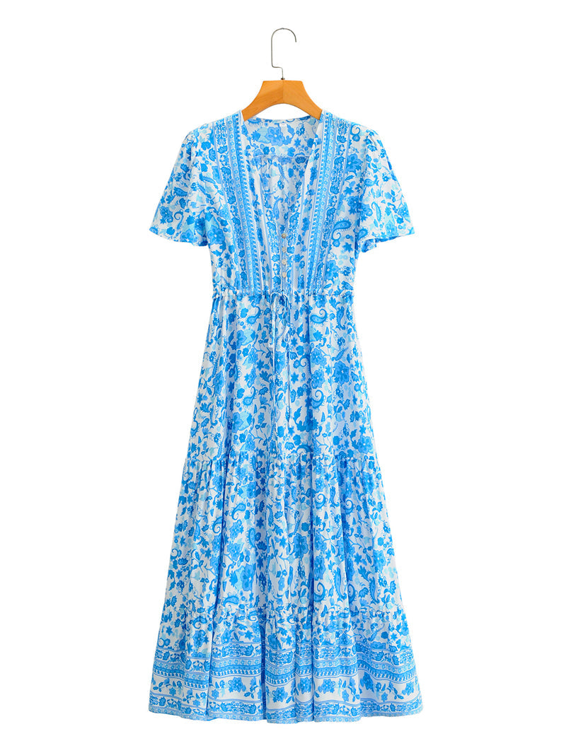 Boho Maxi Dress, Sundress, White Blue Celeste