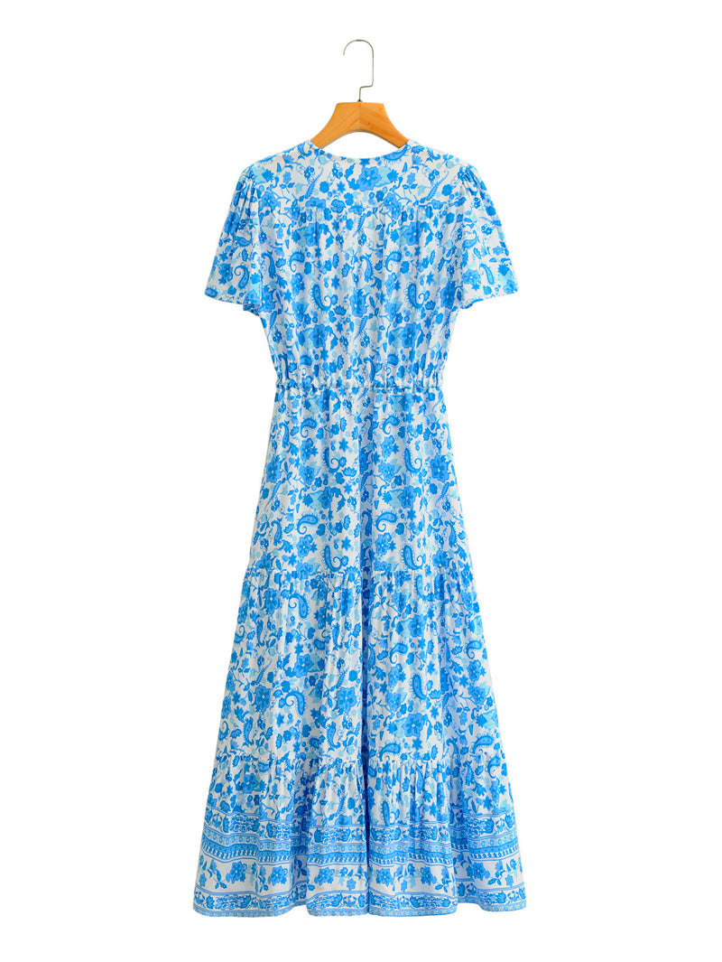 Boho Maxi Dress, Sundress, White Blue Celeste