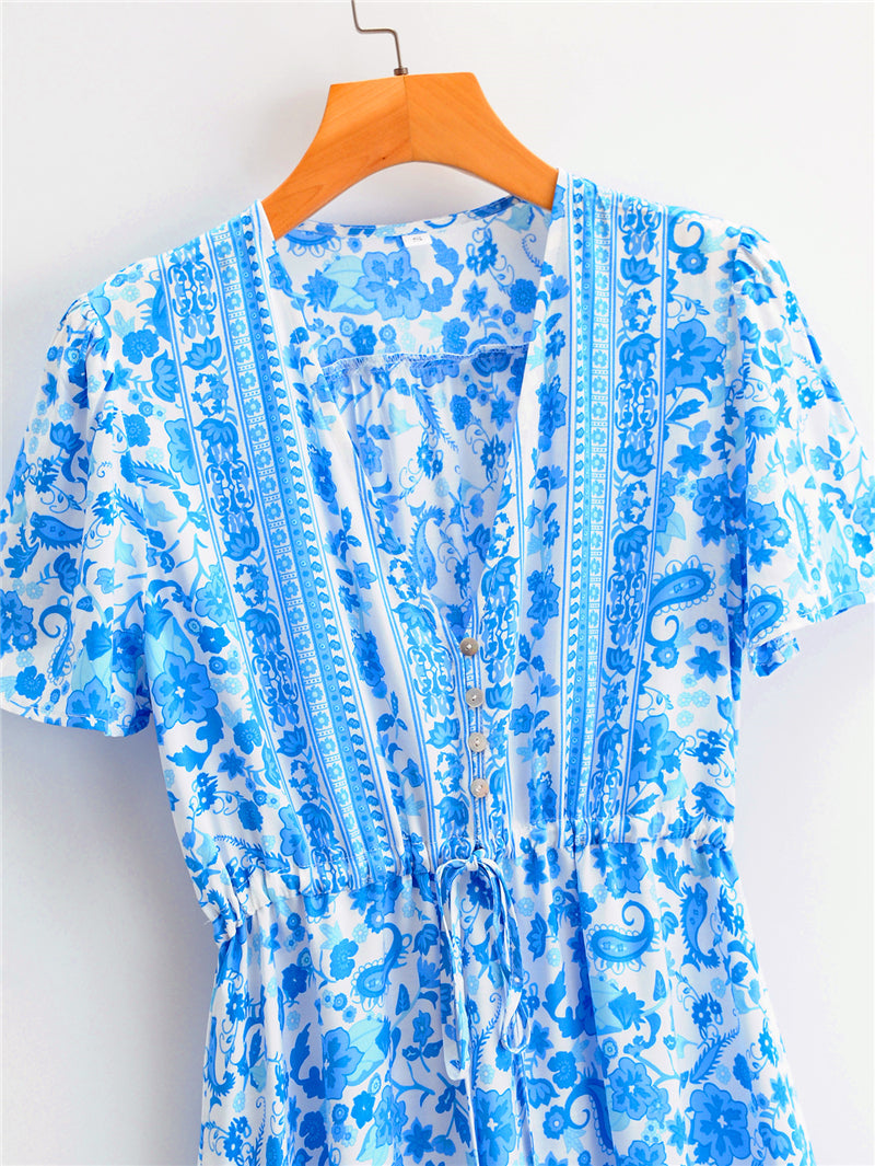 Boho Maxi Dress, Sundress, White Blue Celeste