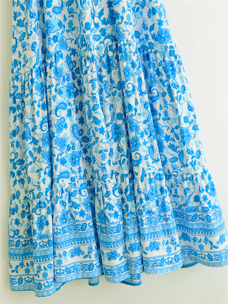 Boho Maxi Dress, Sundress, White Blue Celeste