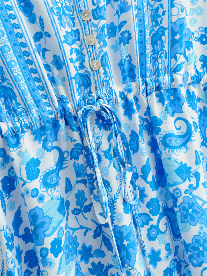 Boho Maxi Dress, Sundress, White Blue Celeste