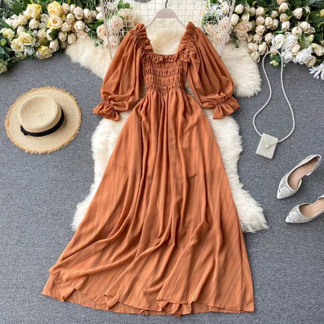 Vintage Dress, Boho Midi Dress, Dress, Smocked Dress, Lola Bow in Green, Orange, Yellow and Red
