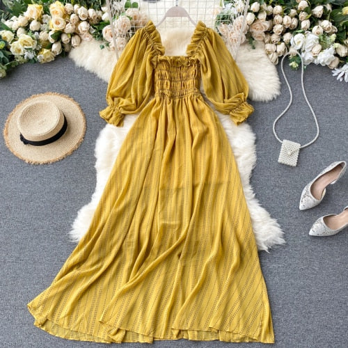Vintage Dress, Boho Midi Dress, Dress, Smocked Dress, Lola Bow in Green, Orange, Yellow and Red