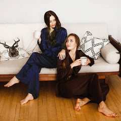 Boho Pajamas, Pajamas Sets for Women, PJ Satin Francine in Navy, Brown and Black