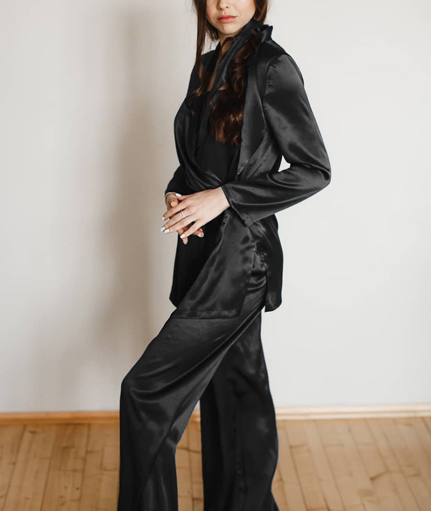 Boho Pajamas, Pajamas Sets for Women, PJ Satin Francine in Navy, Brown and Black