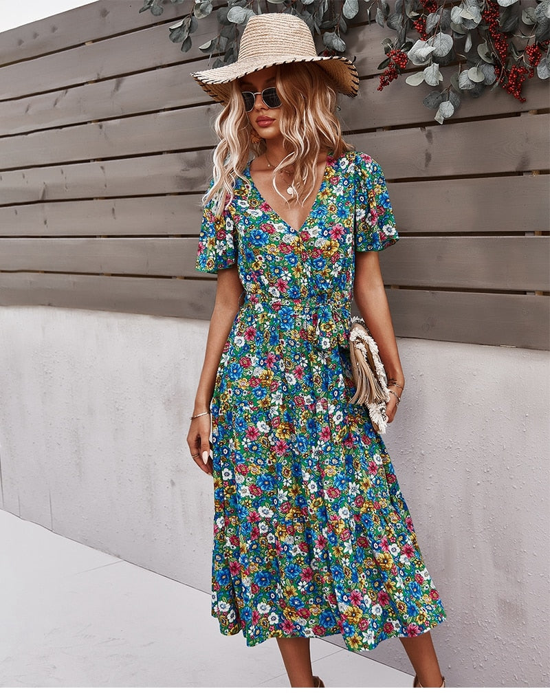 Boho Midi Dress, Sundress, Be a Wildflower in Green
