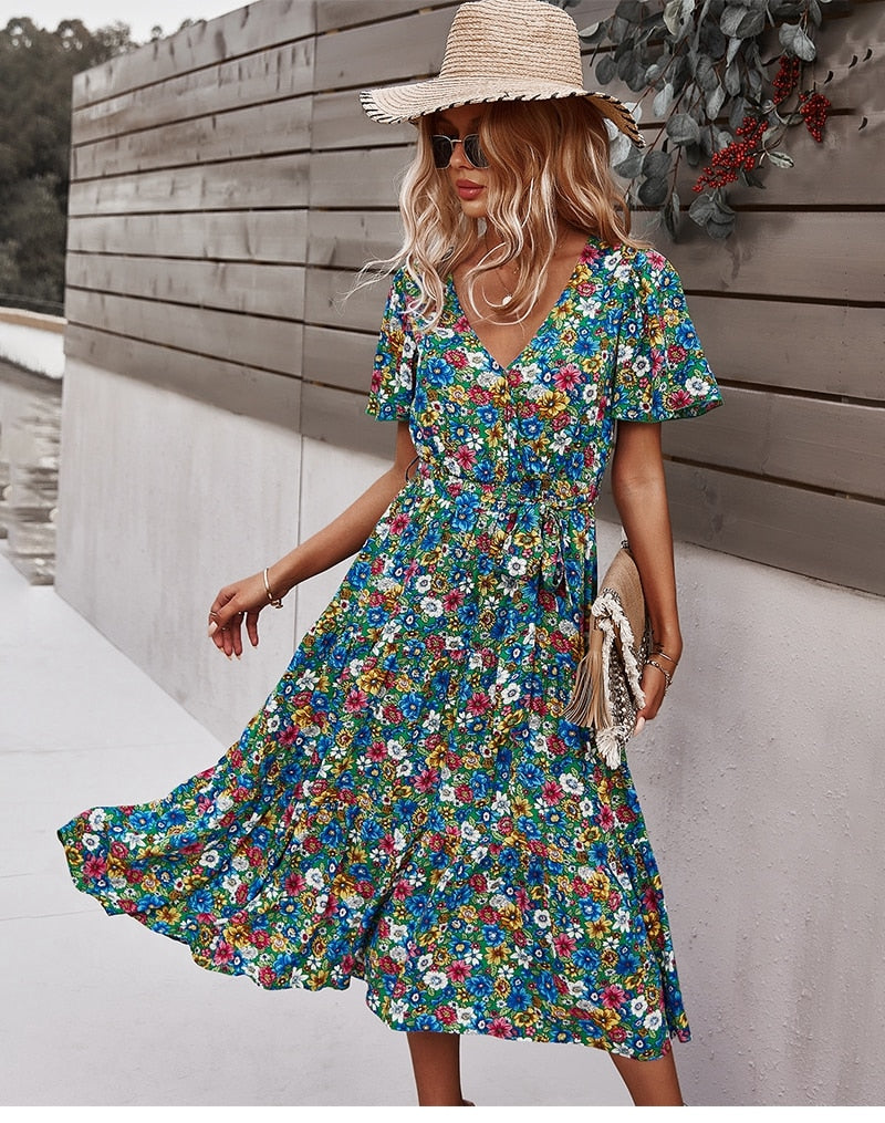Boho Midi Dress, Sundress, Be a Wildflower in Green