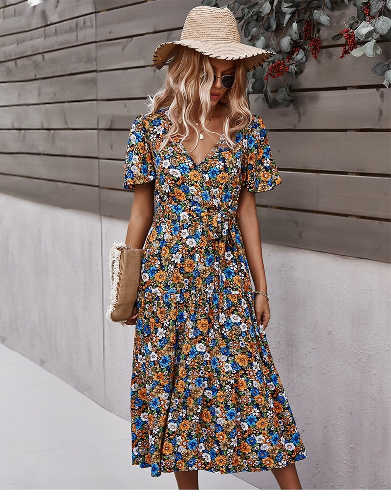 Boho Midi Dress, Sundress, Be a Wildflower in Navy Blue