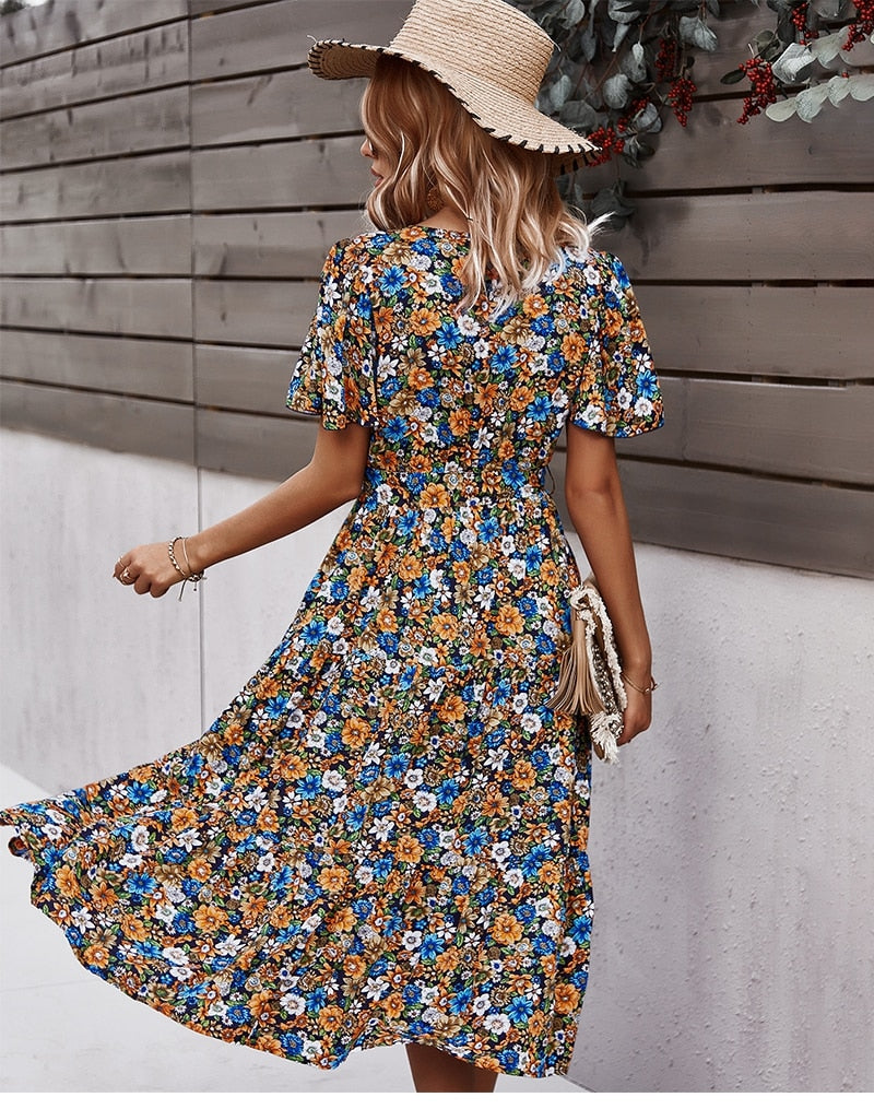 Boho Midi Dress, Sundress, Be a Wildflower in Navy Blue
