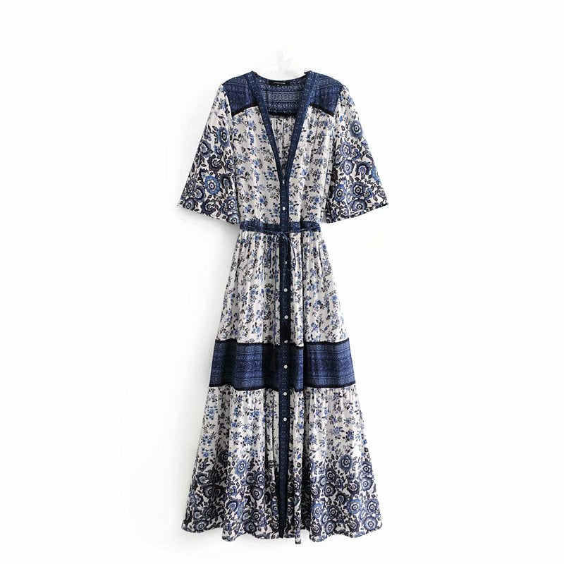 Boho Maxi Dress, Gown, Red and Blue Clementine Rose
