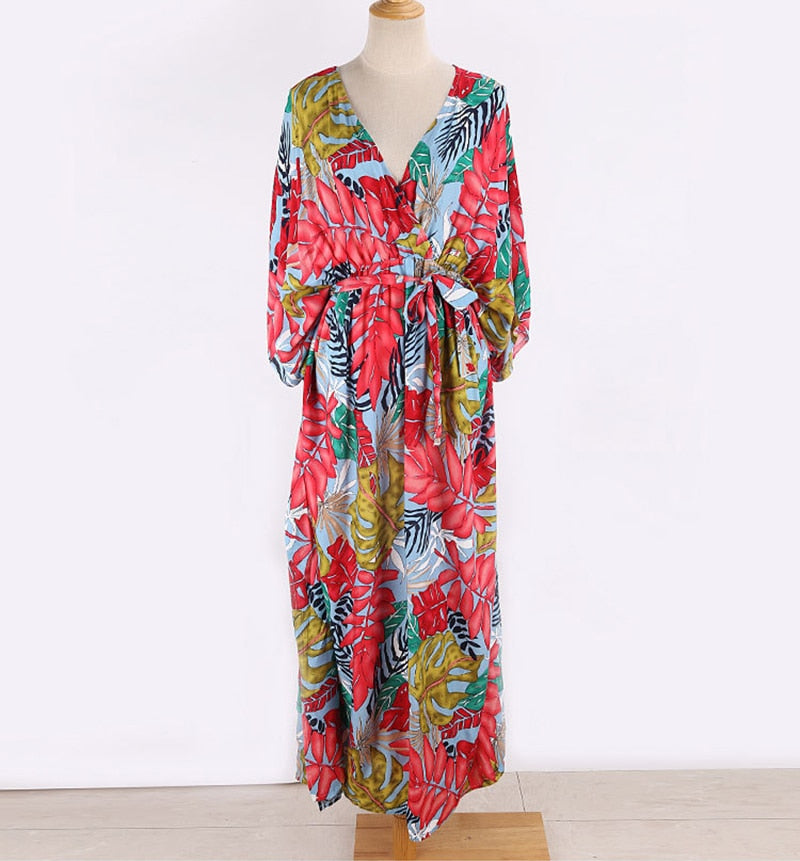Boho Dress, Beach Kaftan Dress, Red Leaf