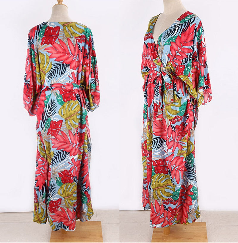Boho Dress, Beach Kaftan Dress, Red Leaf