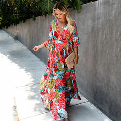 Boho Dress, Beach Kaftan Dress, Red Leaf