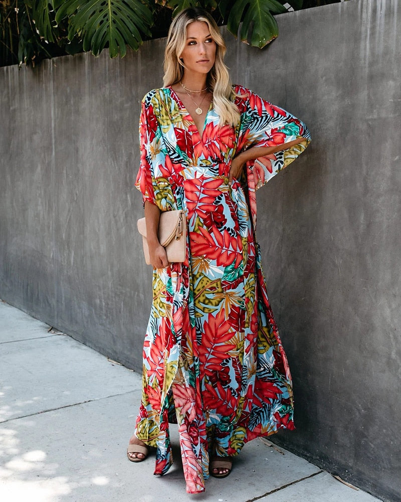 Boho Dress, Beach Kaftan Dress, Red Leaf
